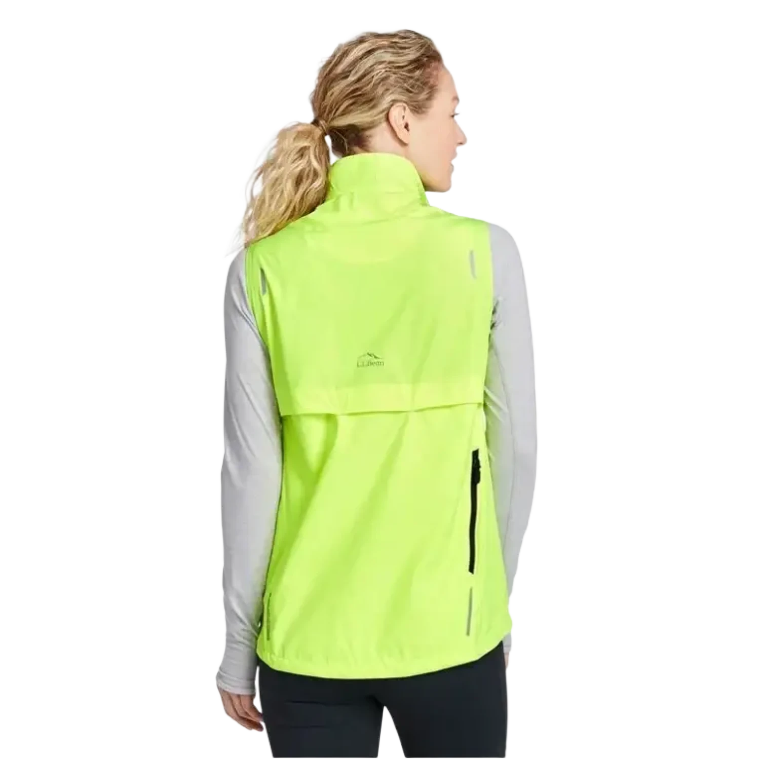 L.L. Bean Women's Bean Bright Multisport Vest in neon yellow, on model back view