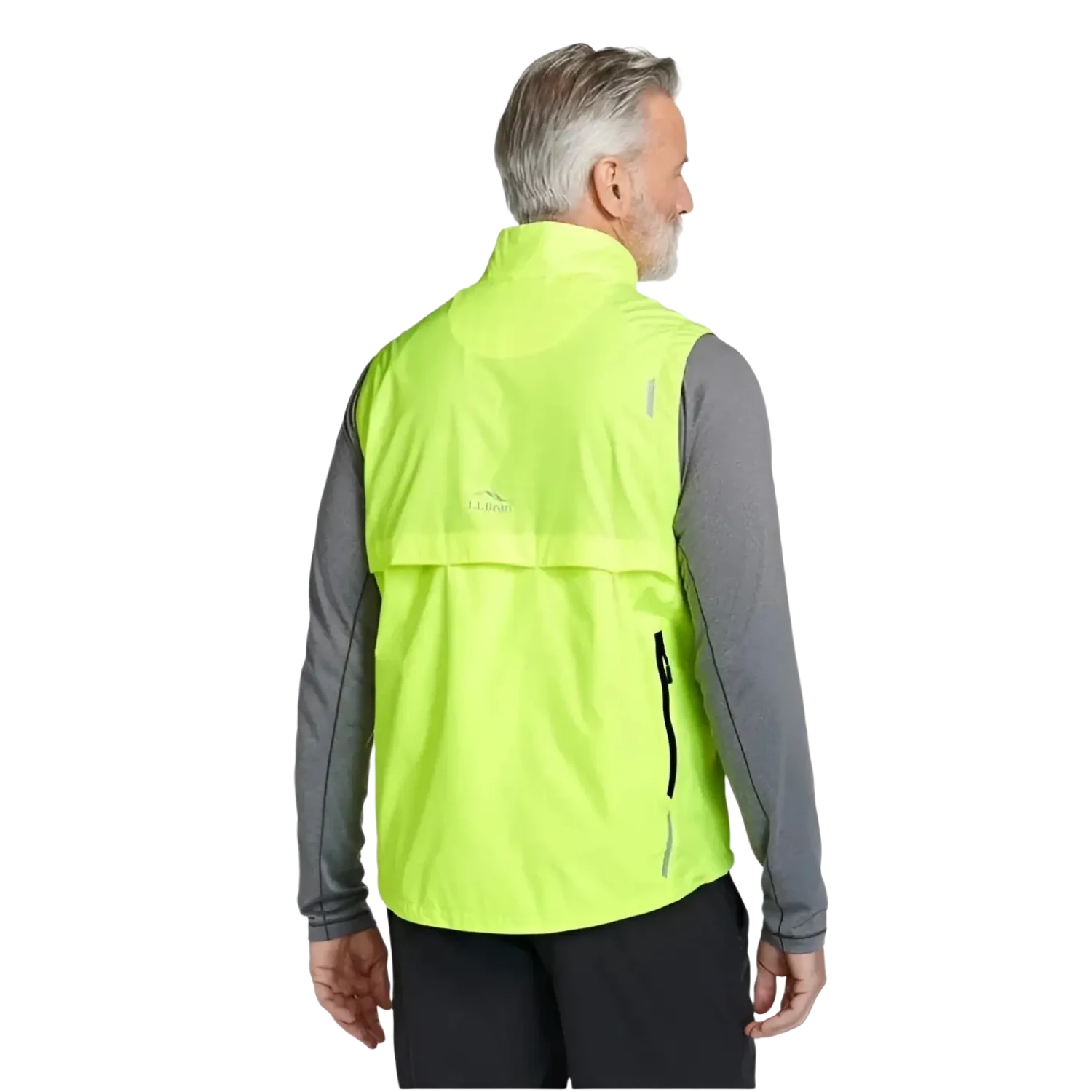 LL Bean Men's Bean Bright Multisport Vest in neon yellow, on model back view