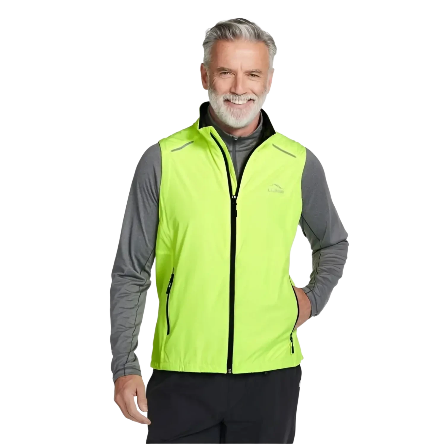 LL Bean Men's Bean Bright Multisport Vest in neon yellow, on model front view
