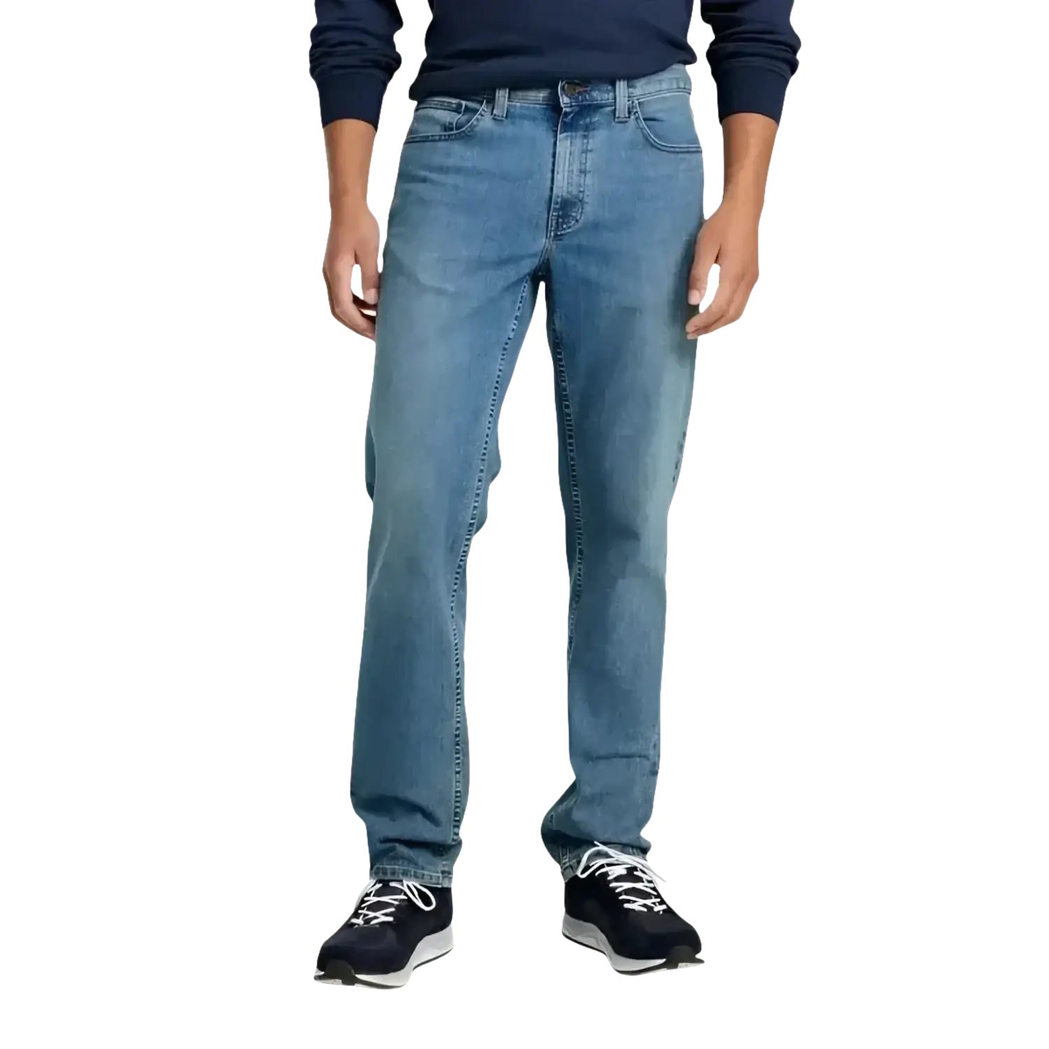 L.L. Bean Men's Beanflex Straight Leg Jeans in faded on model front view