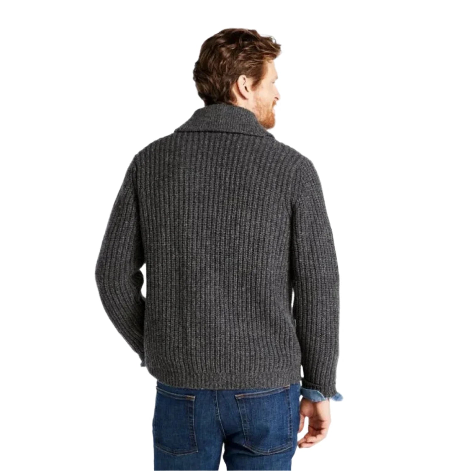 L.L. Bean Men's Classic Ragg Wool Cardigan Sweater in charcoal, on model back