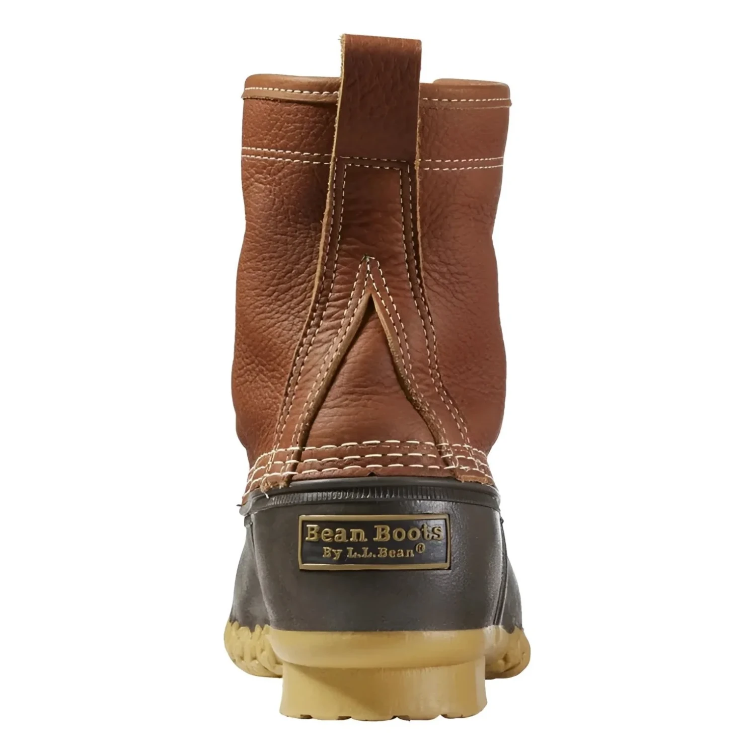 L.L. Bean Men's 8" Flannel-Lined Insulated Bean Boots in tan, bean brown, gun & apple cinnamon, back view