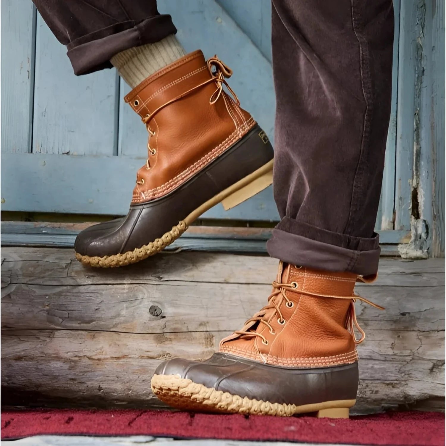 L.L. Bean Men's 8" Flannel-Lined Insulated Bean Boots in tan, bean brown, gun & apple cinnamon, lifestyle on model view