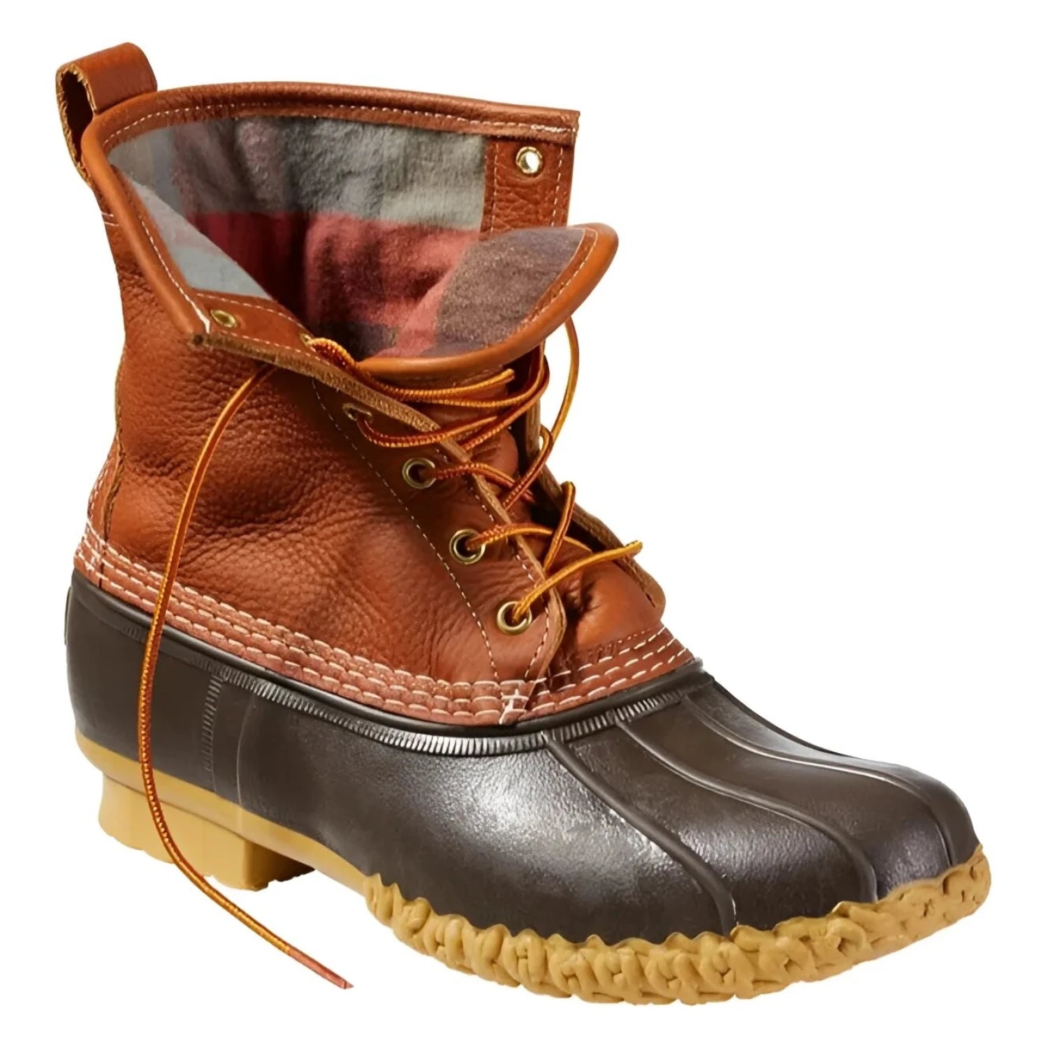 L.L. Bean Men's 8" Flannel-Lined Insulated Bean Boots in tan, bean brown, gun & apple cinnamon, side angled view