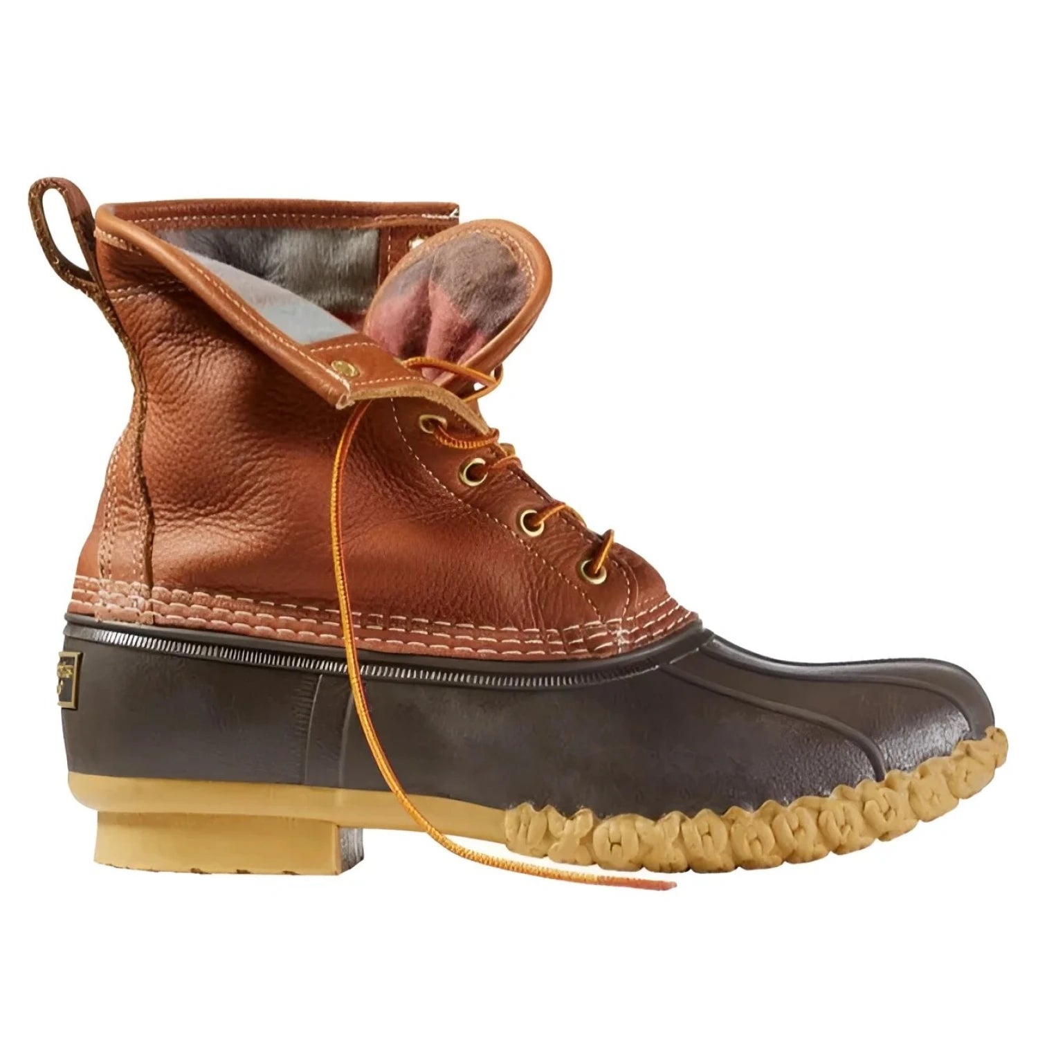 L.L. Bean Men's 8" Flannel-Lined Insulated Bean Boots in tan, bean brown, gun & apple cinnamon, side view