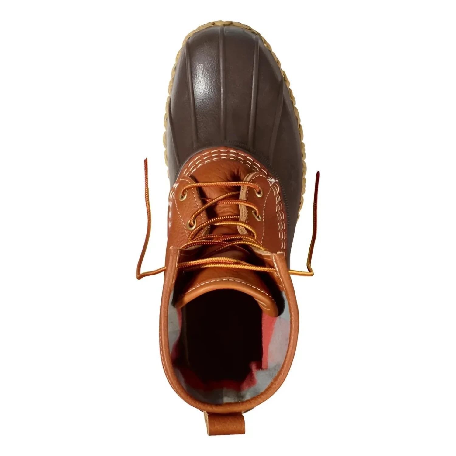 L.L. Bean Men's 8" Flannel-Lined Insulated Bean Boots in tan, bean brown, gun & apple cinnamon, top view