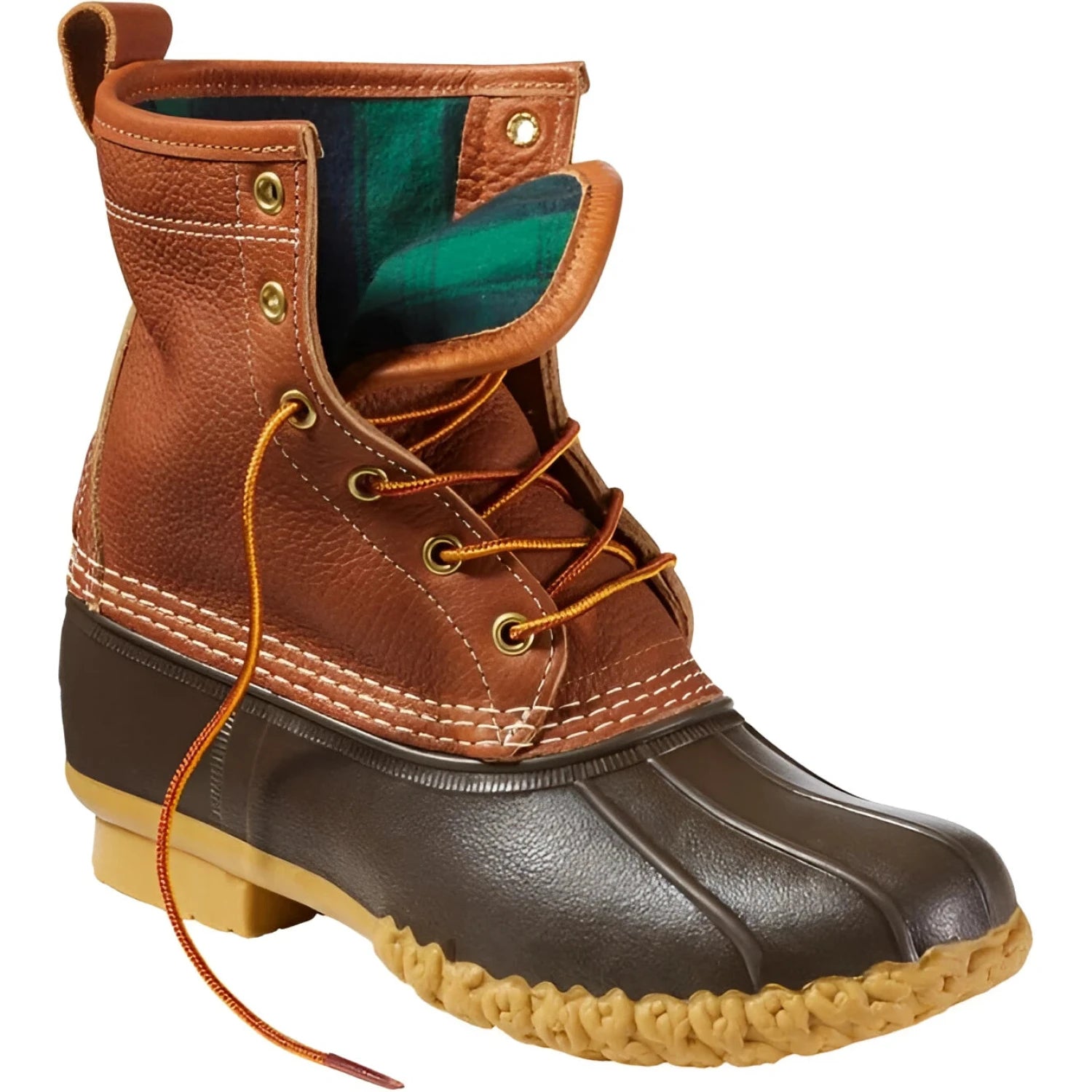 L.L. Bean Women's 8" Flannel-Lined Insulated Bean Boots in tan, brown, gum & classic navy, front view