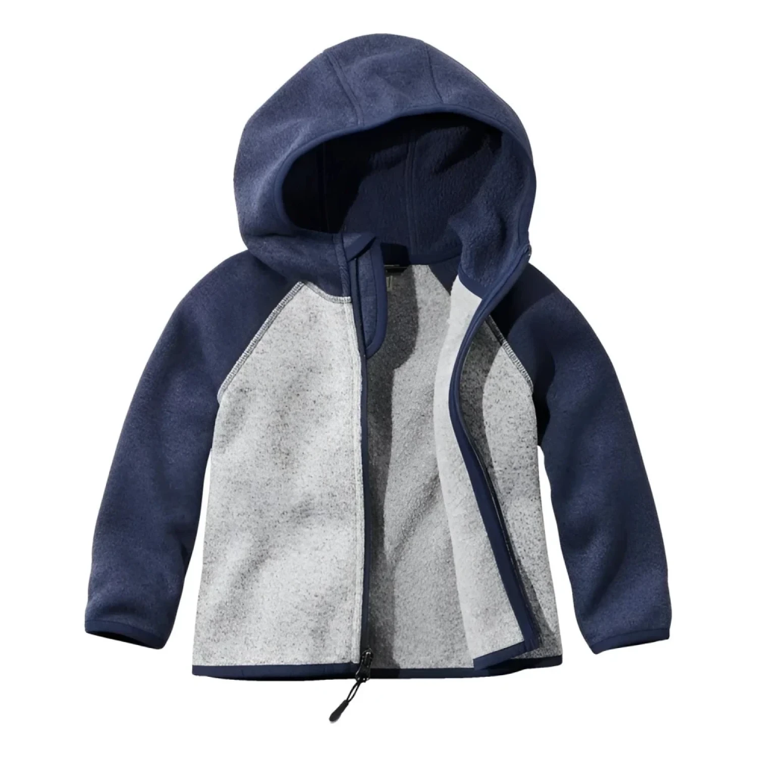 L.L. Bean Baby Hooded Sweater Colorblock Fleece in bright navy & pewter, flat front unzipped view