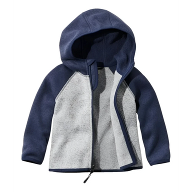 L.L. Bean Baby Hooded Sweater Colorblock Fleece in bright navy & pewter, flat front unzipped view