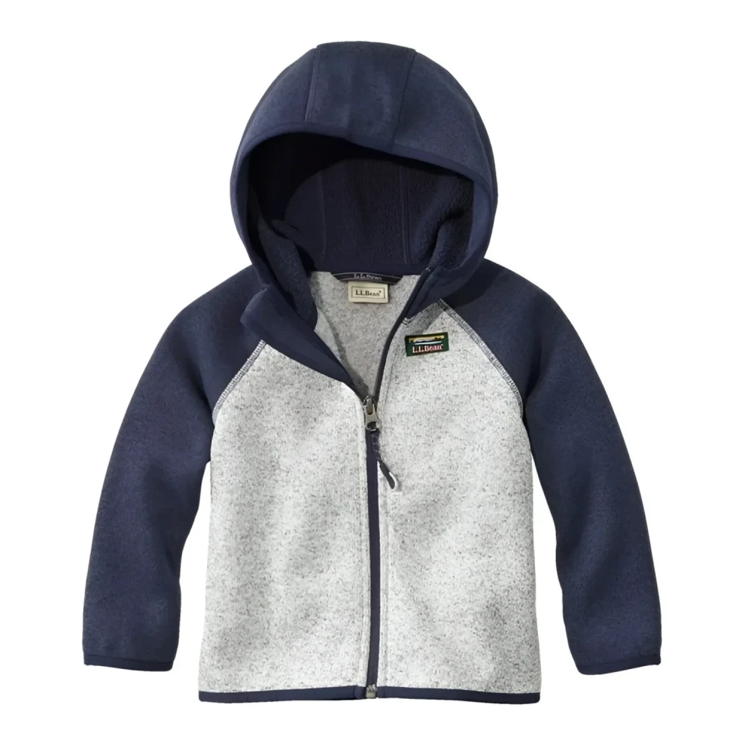 L.L. Bean Baby Hooded Sweater Colorblock Fleece in bright navy & pewter, flat front view