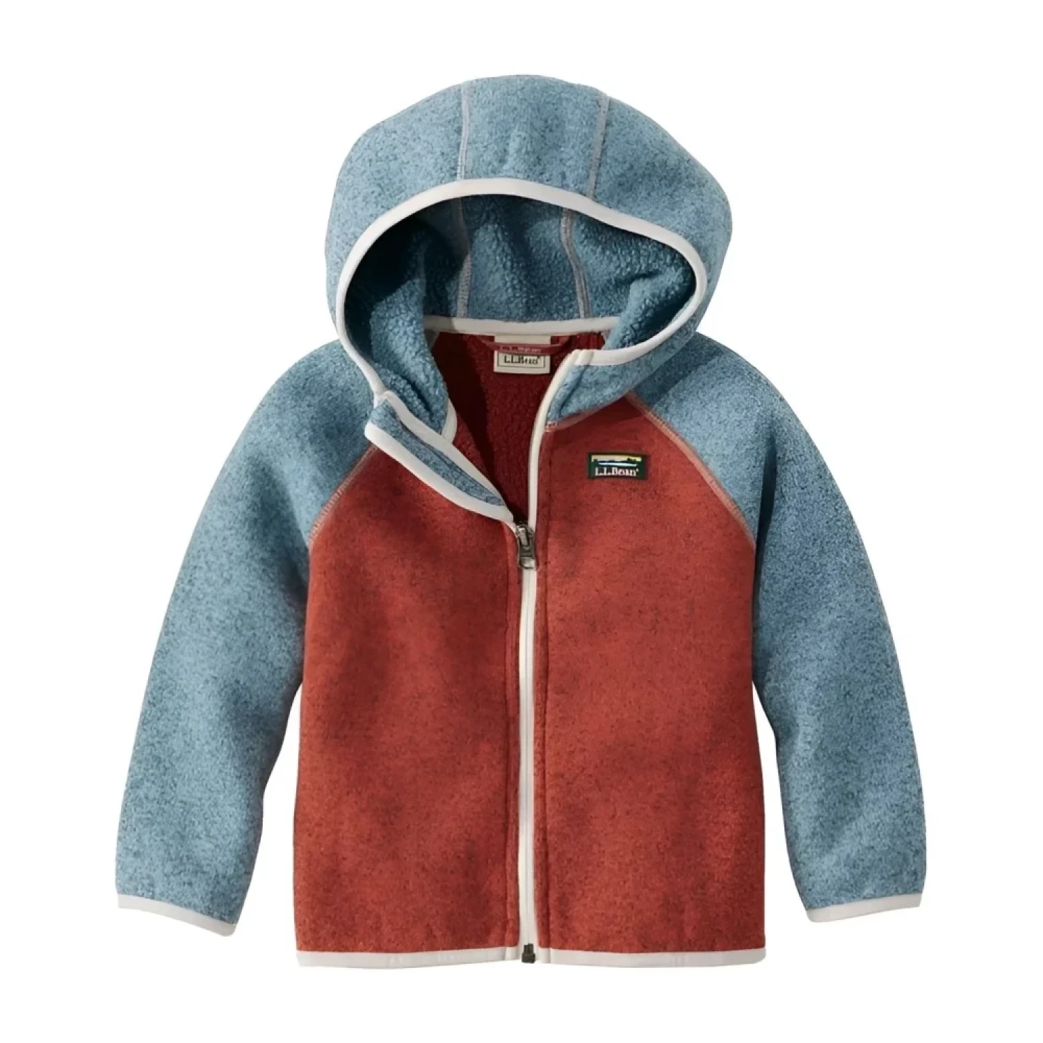 L.L. Bean Baby Hooded Sweater Colorblock Fleece in cadet blue & light mahogany, flat front view