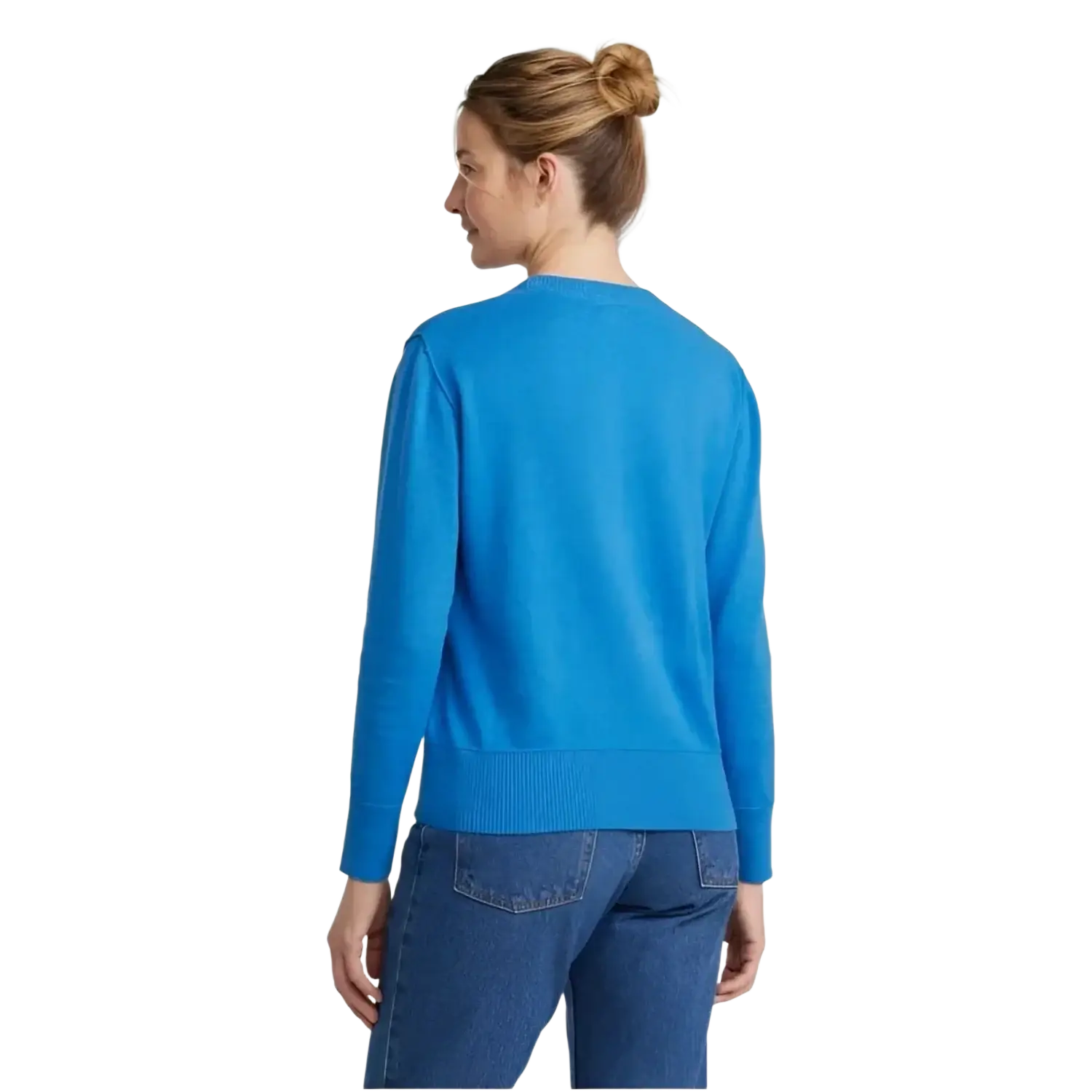 L.L. Bean Women's Cotton/Cashmere Crewneck Sweater in blue, model back view