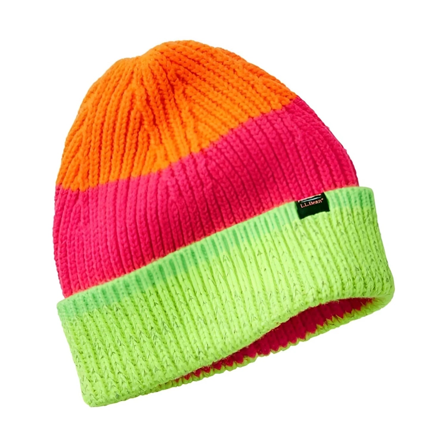 LL Bean Kid's Striped Beanie in neon reflective, flat view