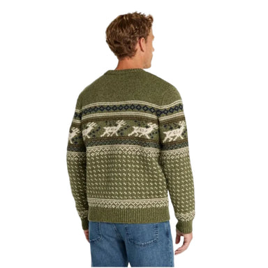 L.L. Bean Men's Classic Ragg Wool Fair Isle Crewneck Sweater IN MOUNTAIN SPRUCE, model back