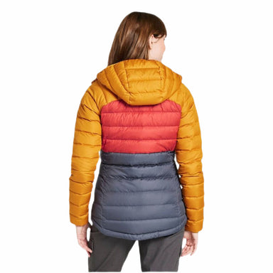 L.L. Bean Women's Bean's Down Hooded Colorblock Jacket in nautical navy and bright bronze, on model back