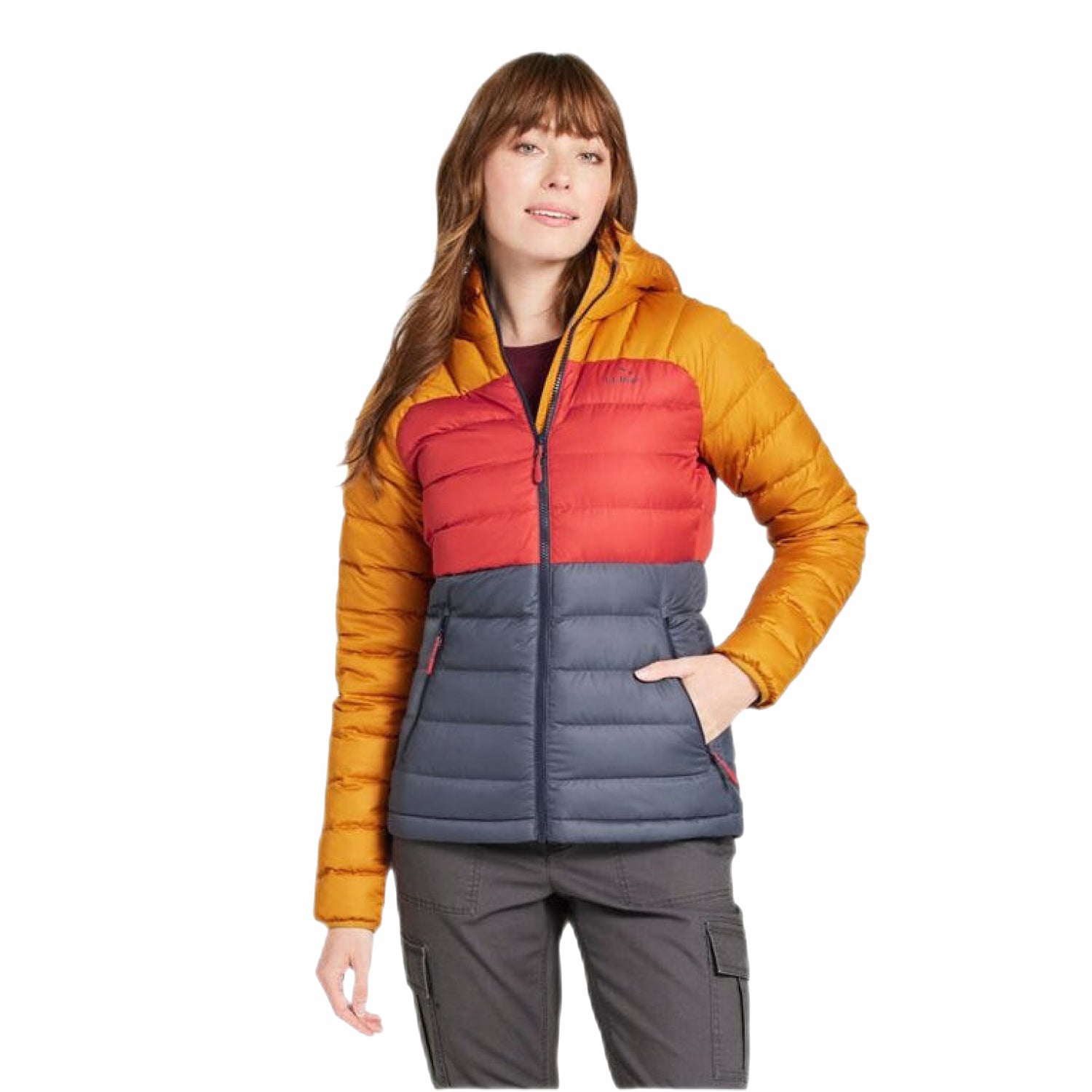 L.L. Bean Women's Bean's Down Hooded Colorblock Jacket in nautical navy and bright bronze, on model front