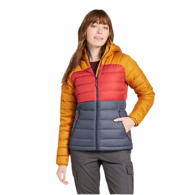 L.L. Bean Women's Bean's Down Hooded Colorblock Jacket in nautical navy and bright bronze, on model front