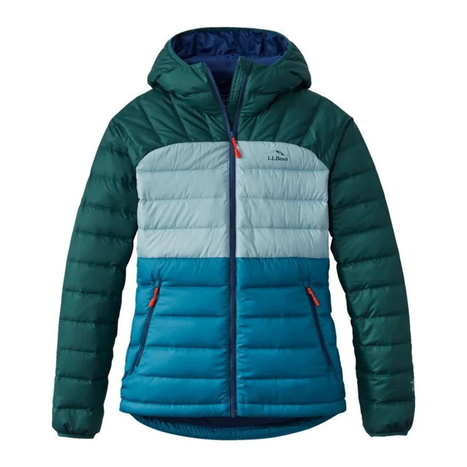 L.L. Bean Women's Bean's Down Hooded Colorblock Jacket in mallard teal & dark pine, flat front