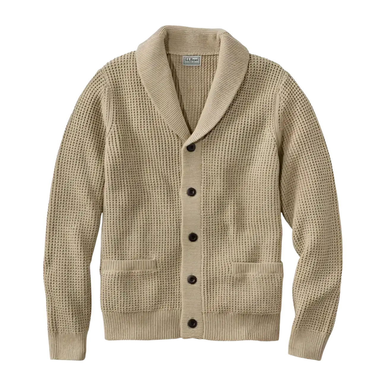 L.L. Bean Men's Organic Cotton Waffle Cardigan Sweater in field khaki, flat front