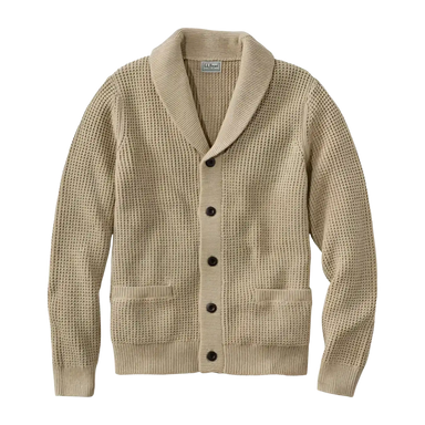 L.L. Bean Men's Organic Cotton Waffle Cardigan Sweater in field khaki, flat front