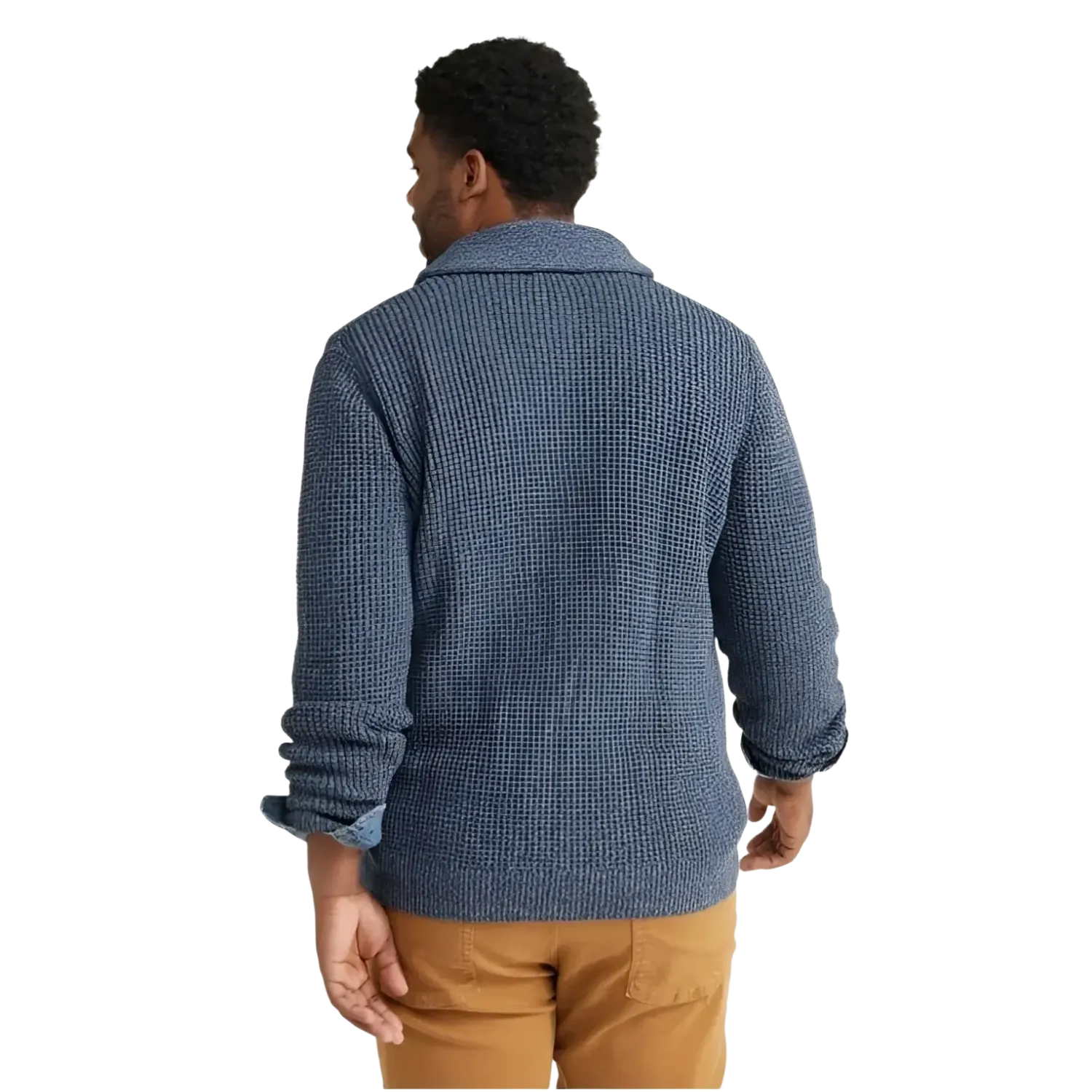 L.L. Bean Men's Organic Cotton Waffle Cardigan Sweater in vintage indigo, model back