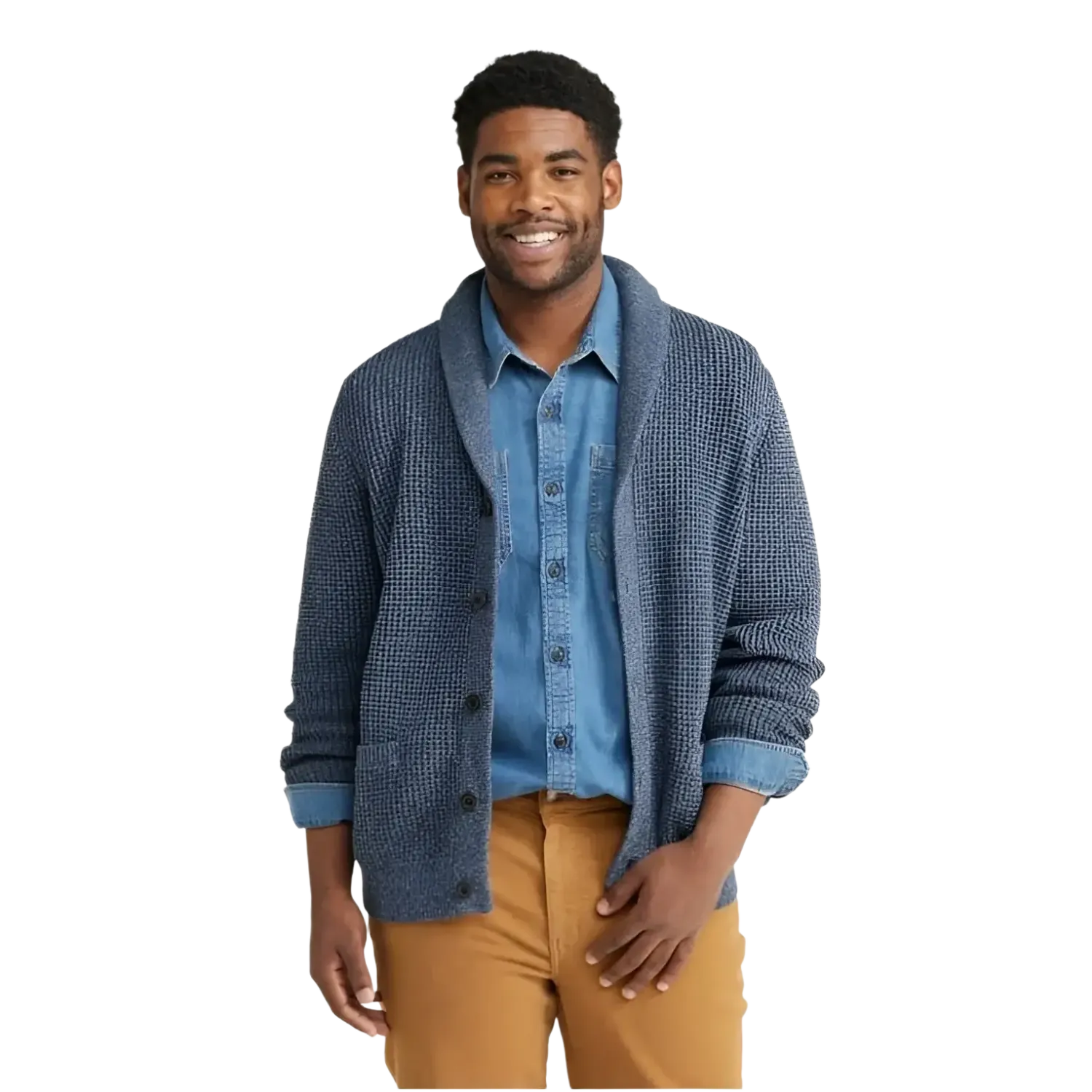L.L. Bean Men's Organic Cotton Waffle Cardigan Sweater in vintage indigo, model front