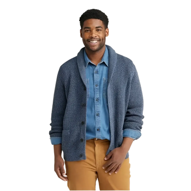 L.L. Bean Men's Organic Cotton Waffle Cardigan Sweater in vintage indigo, model front