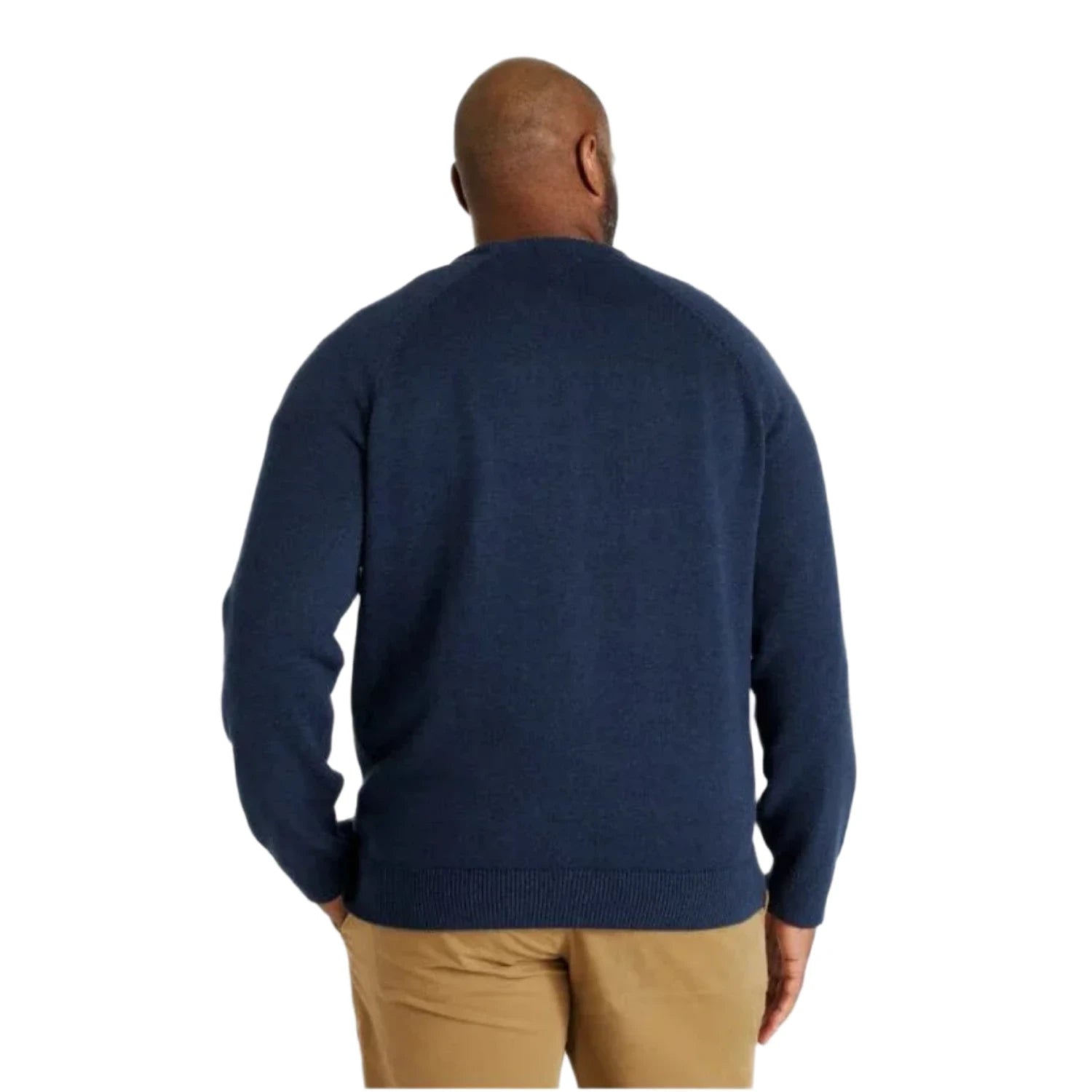 L.L. Bean Men's Wicked Soft Cotton/Cashmere Crewneck Sweater in navy on model back