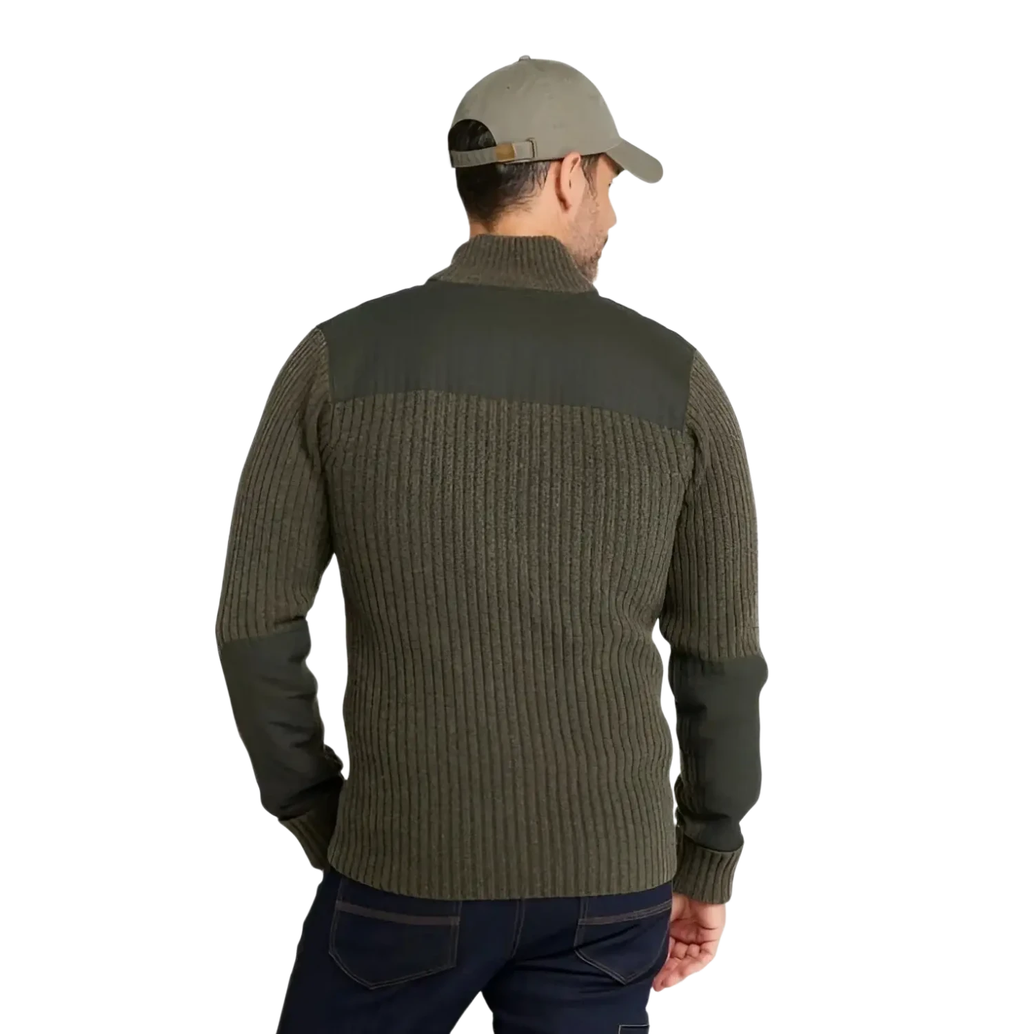 L.L. Bean Men's Commando Full Zip Sweater in loden green, model back view