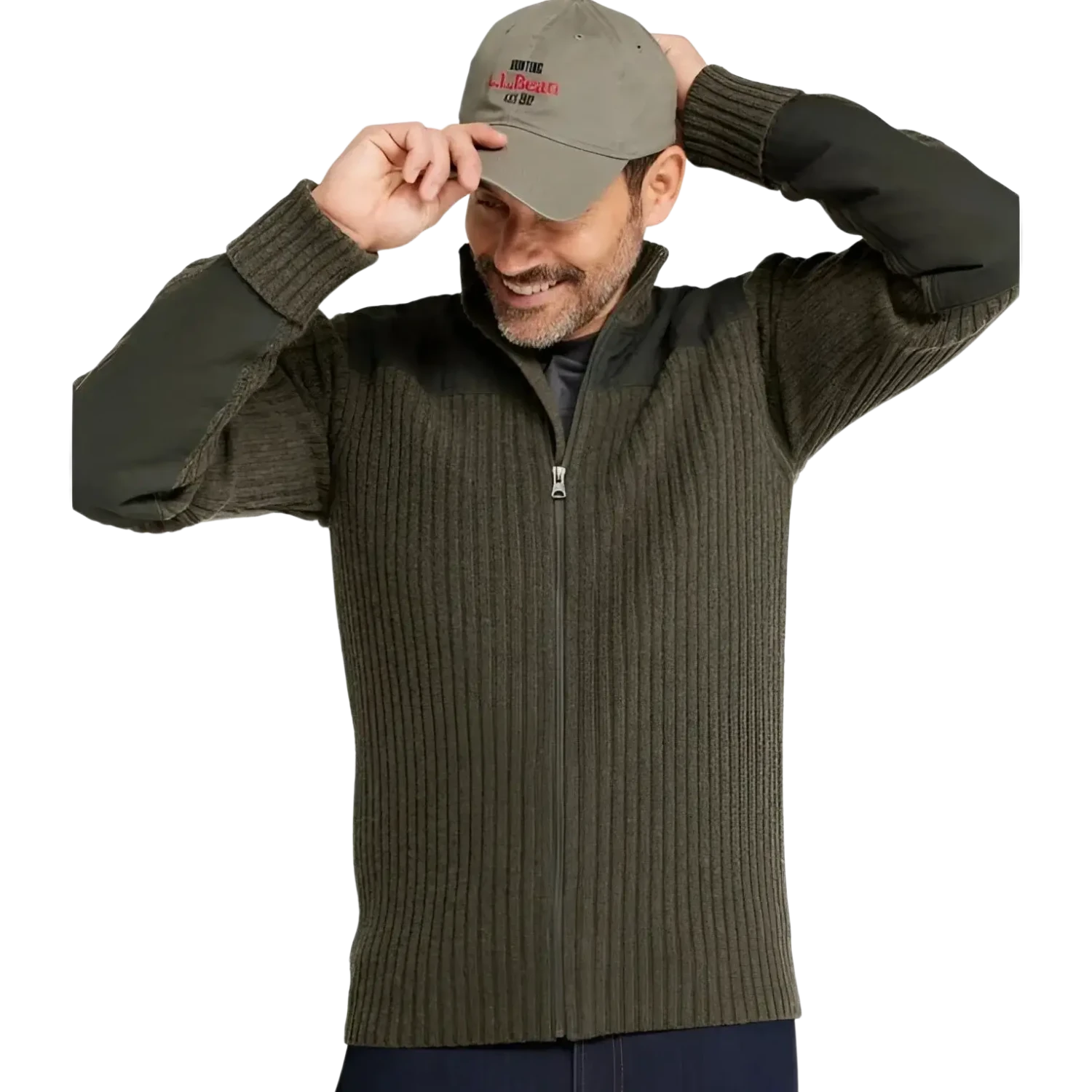 L.L. Bean Men's Commando Full Zip Sweater in loden green, model front view