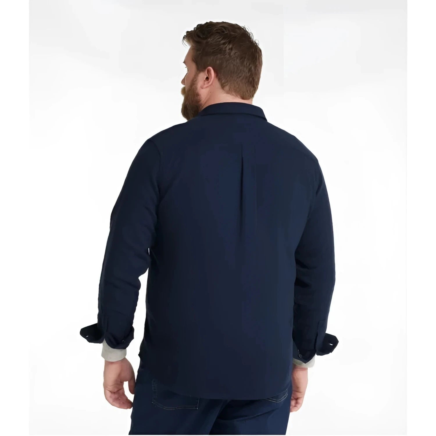 L.L. Bean Men's 1912 Field Flannel Shirt, Slightly Fitted Untucked Fit in classic navy, on model back view