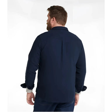 L.L. Bean Men's 1912 Field Flannel Shirt, Slightly Fitted Untucked Fit in classic navy, on model back view