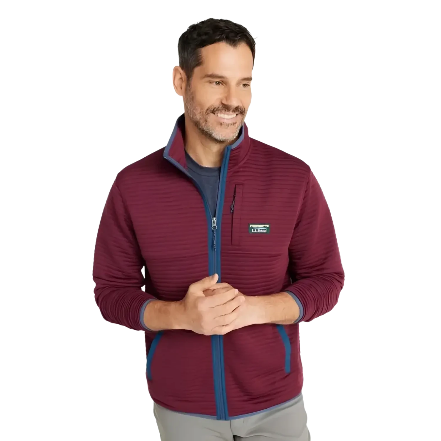 L.L. Bean Men's Airlight Knit Full-Zip in deep rosewood, on model front view