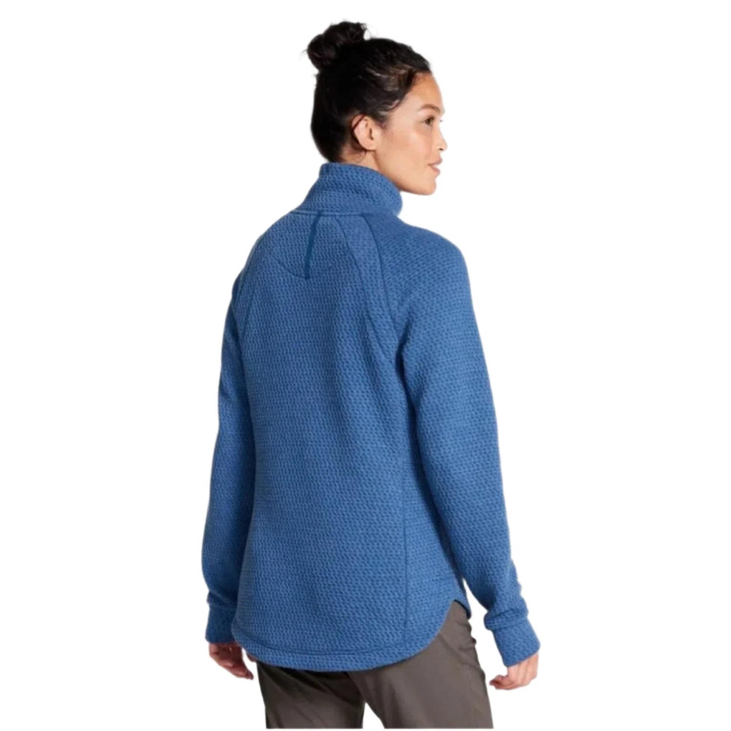 L.L. Bean Women's Ridgeknit Crossneck Pullover in blue, on model back