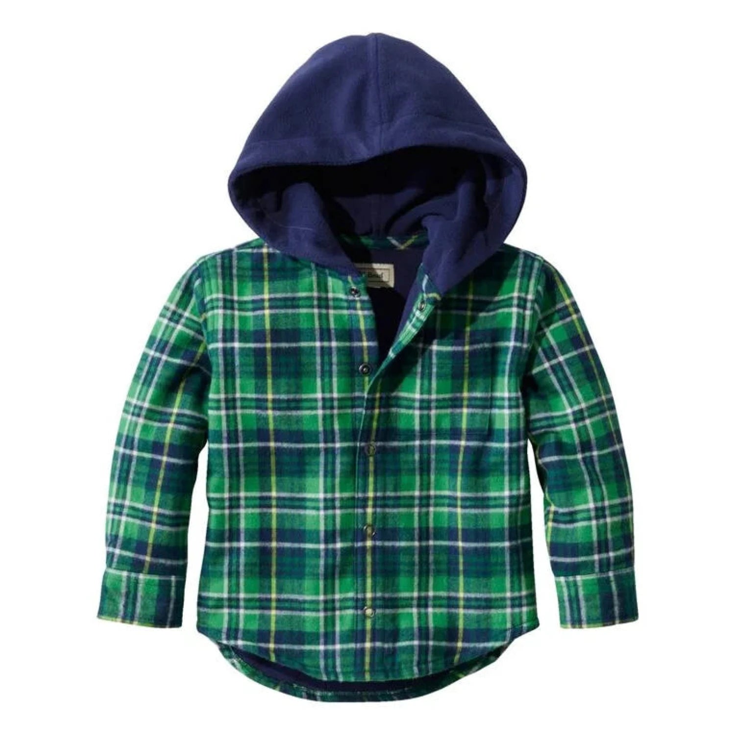 LL Bean Toddler's Fleece-Lined Hooded Flannel Shirt in treeline, flat front view