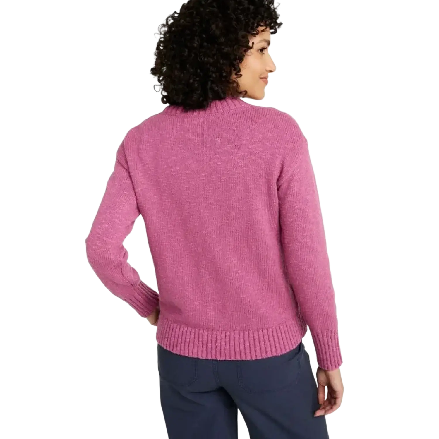 L.L. Bean Women's Cotton Ragg Crewneck Sweater in eggplant marl, on model back view