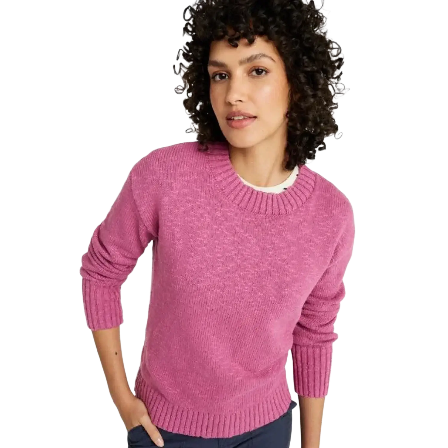 L.L. Bean Women's Cotton Ragg Crewneck Sweater in eggplant marl, on model front view