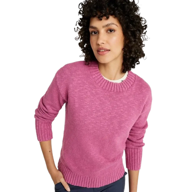 L.L. Bean Women's Cotton Ragg Crewneck Sweater in eggplant marl, on model front view