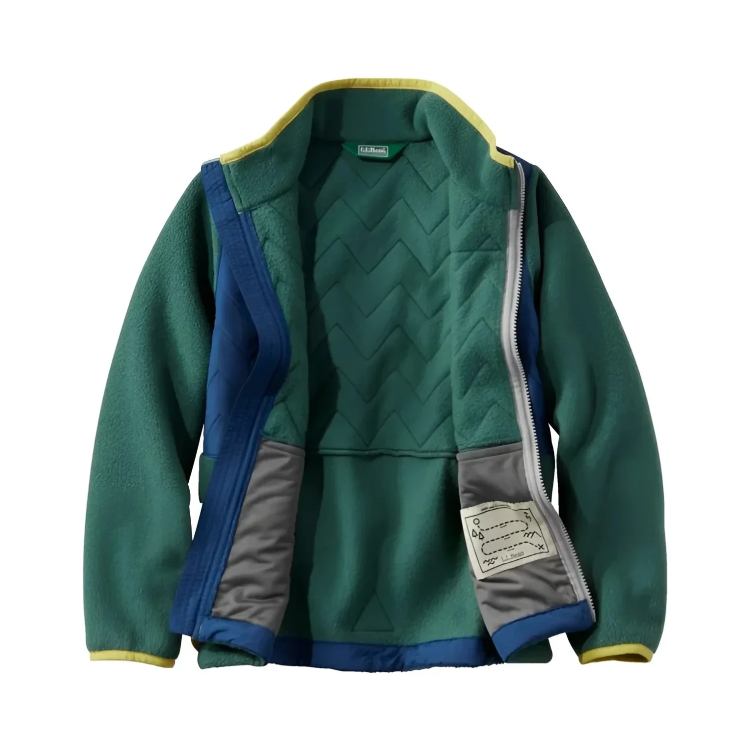 L.L. Bean Kid's Mountain Classic Fleece Jacket in deep green & collegiate blue, front view unzipped