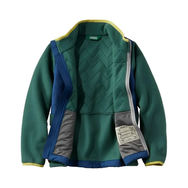 L.L. Bean Kid's Mountain Classic Fleece Jacket in deep green & collegiate blue, front view unzipped