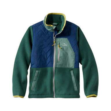 L.L. Bean Kid's Mountain Classic Fleece Jacket in deep green & collegiate blue, front view