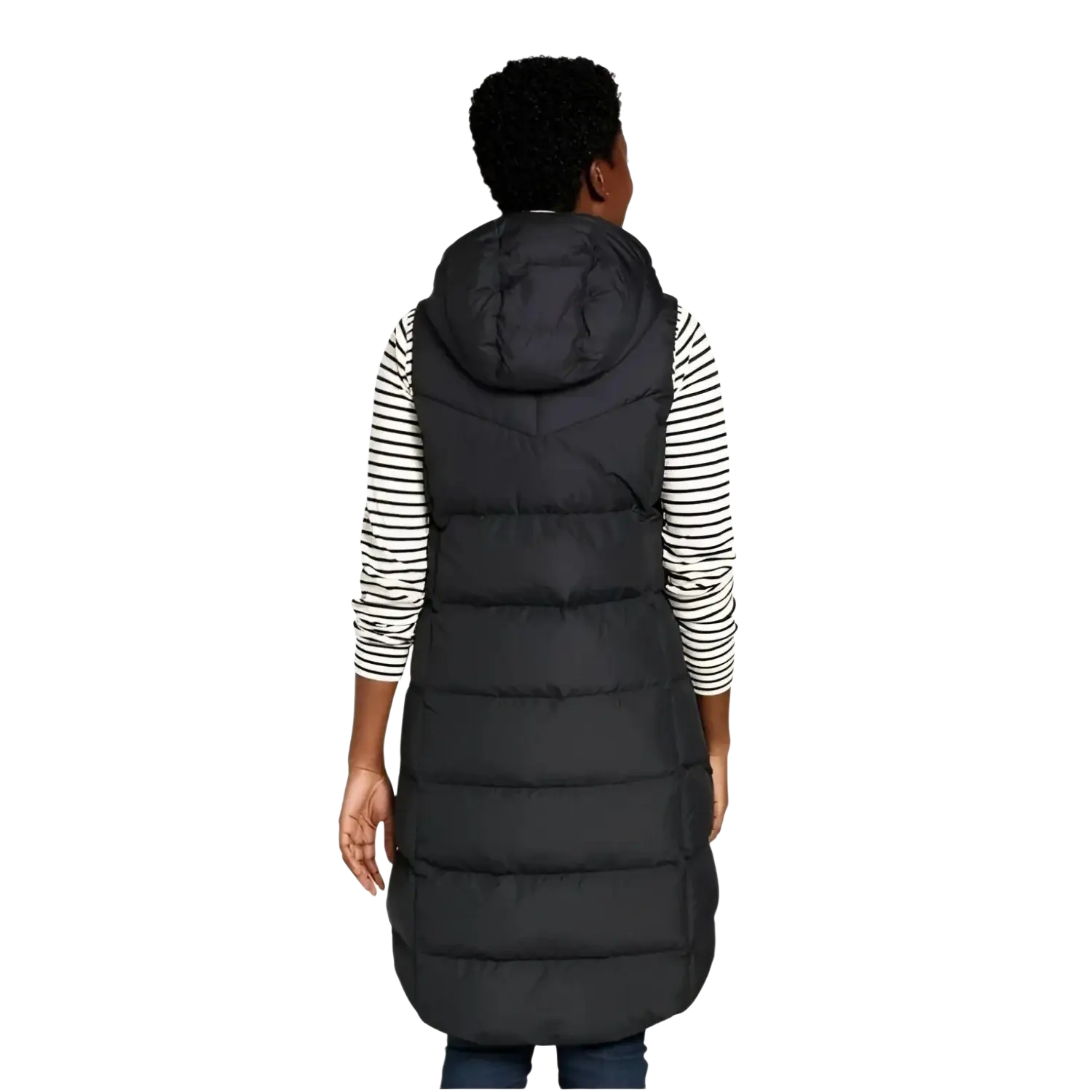 LL Bean Women's Popham Puffer Long Vest in midnight black, on model back view