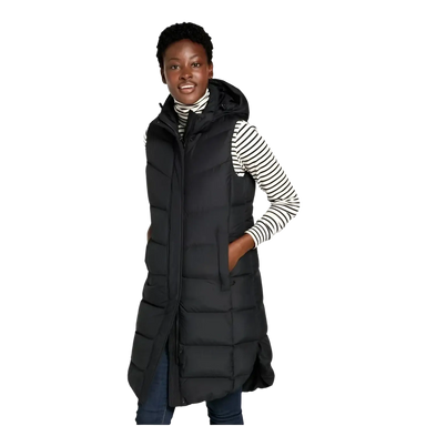 LL Bean Women's Popham Puffer Long Vest in midnight black, on model front view