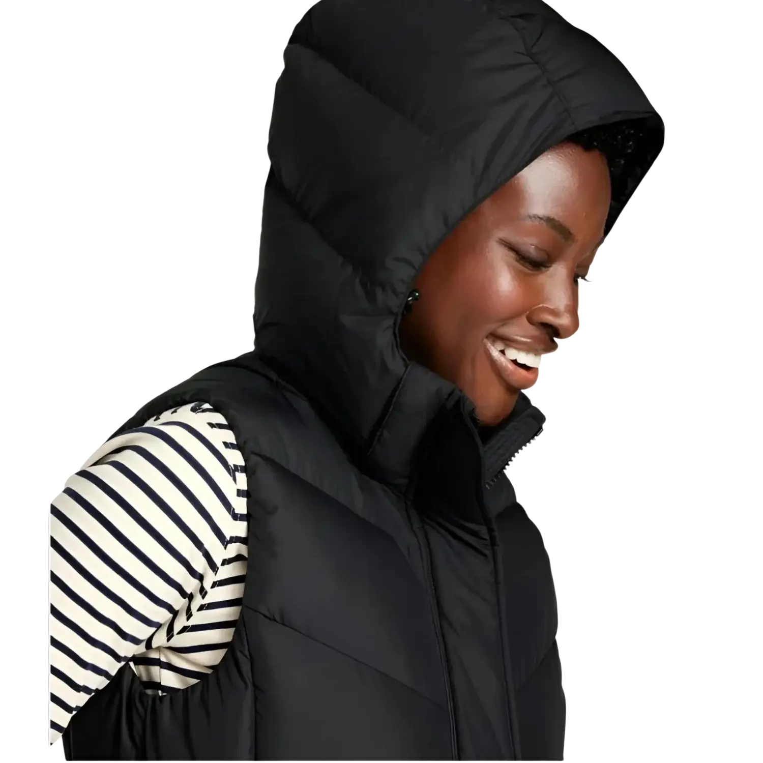 LL Bean Women's Popham Puffer Long Vest in midnight black, on model hood up