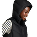 LL Bean Women's Popham Puffer Long Vest in midnight black, on model hood up