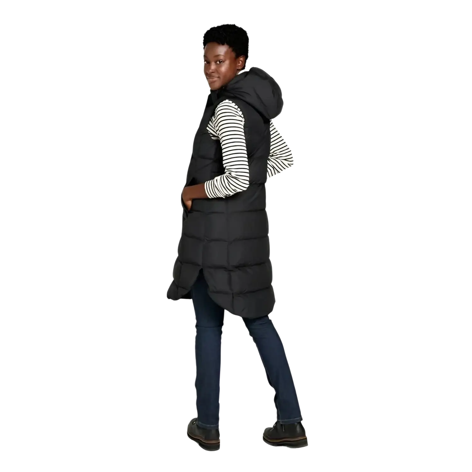 LL Bean Women's Popham Puffer Long Vest in midnight black, on model side view