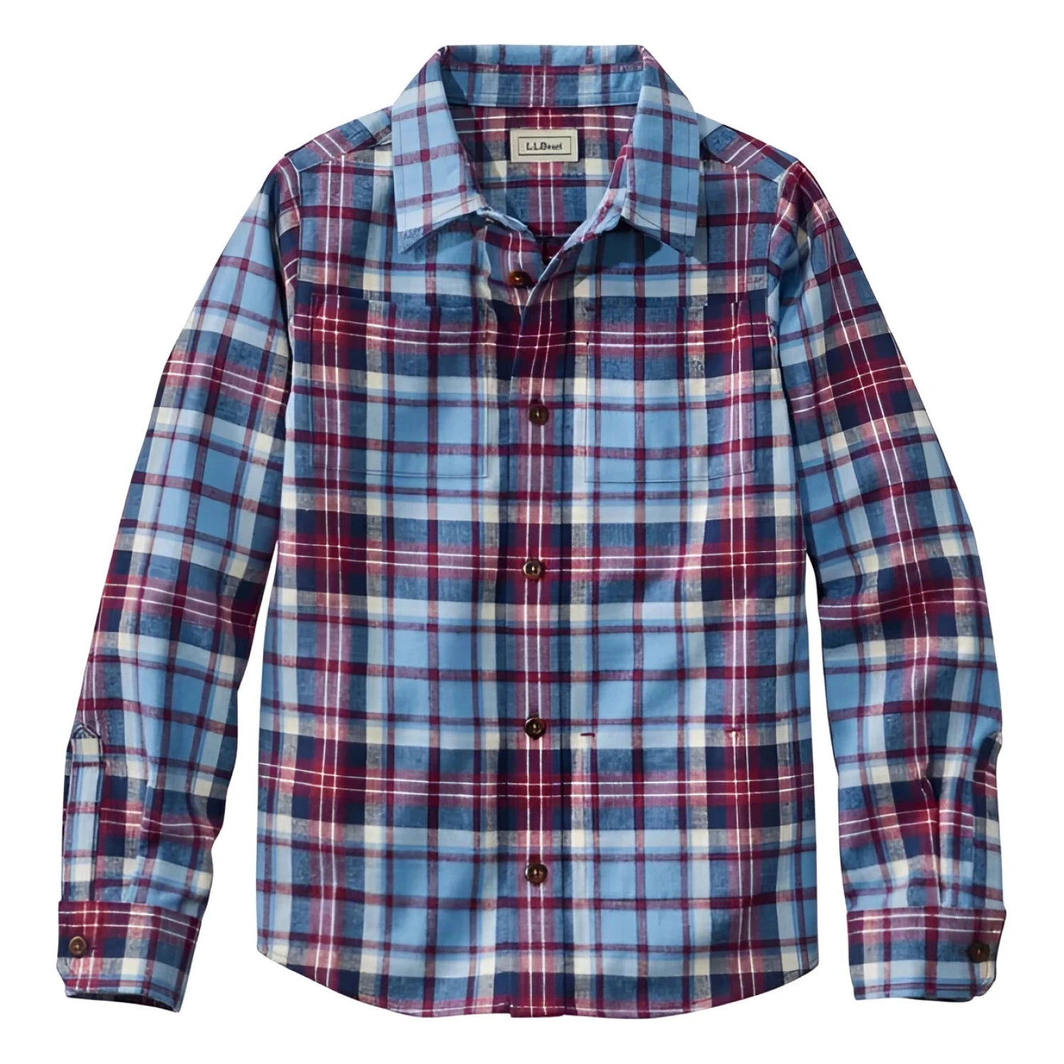 L.L. Bean Kid's Scotch Plaid Flannel Shirt in blue ridge plaid, flat front view