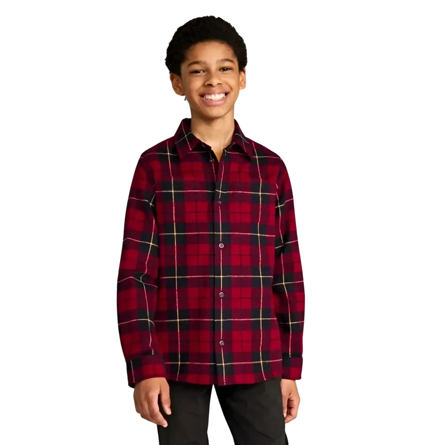 L.L. Bean Kid's Scotch Plaid Flannel Shirt in red plaid, on boy model