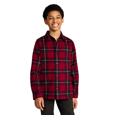L.L. Bean Kid's Scotch Plaid Flannel Shirt in red plaid, on boy model