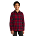 L.L. Bean Kid's Scotch Plaid Flannel Shirt in red plaid, on boy model